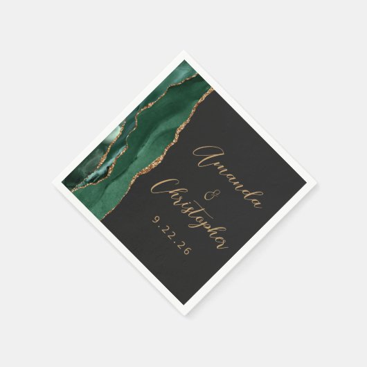 Agate Emerald Green Gold Script Dark Wedding Serviette (Ecke)