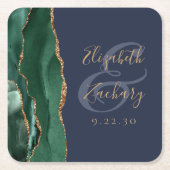 Agate Emerald Green Gold Script Navy Blue Wedding Rechteckiger Pappuntersetzer (Vorderseite)