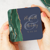Agate Emerald Green Gold Script Navy Blue Wedding Rechteckiger Pappuntersetzer