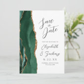 Agate Emerald Green Gold Script Wedding Save The Date (Stehend Vorderseite)