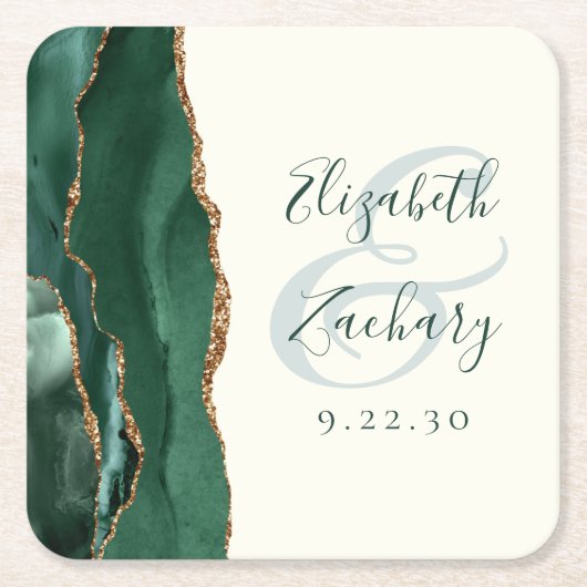 Agate Emerald Green Ivory Gold Script Wedding Rechteckiger Pappuntersetzer (Vorderseite)