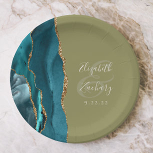Agate Geode Aquamarin Gold Olive Green Wedding Pappteller