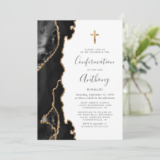 Agate Geode Black Gold Glitzer Bestätigung Einladung (Stehend Vorderseite)