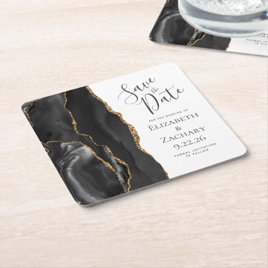 Agate Geode Black Gold Save the Date Rechteckiger Pappuntersetzer (angewinkelt)