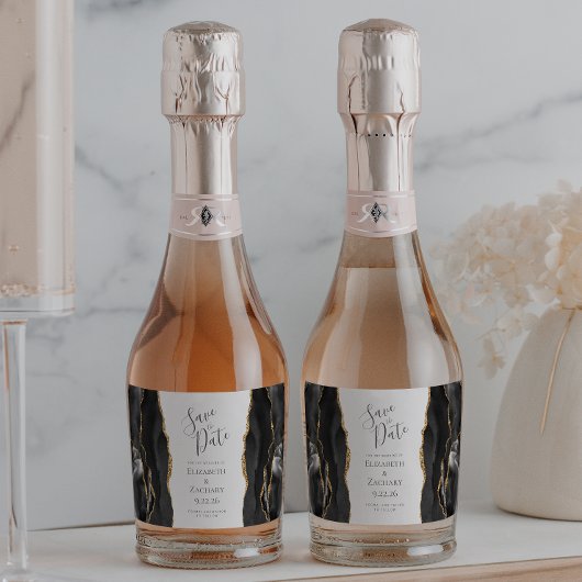 Agate Geode Black Gold Save the Date Schaumweinetikett