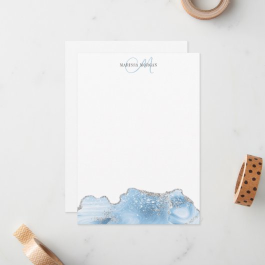 Agate Geode Blue Silver Monogram Mitteilungskarte (Vorderseite/Rückseite Beispiel)