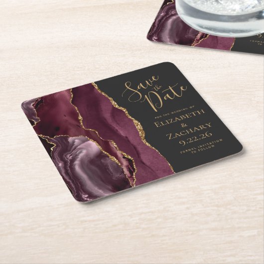 Agate Geode Burgundy Gold Dark Save the Date Rechteckiger Pappuntersetzer (angewinkelt)