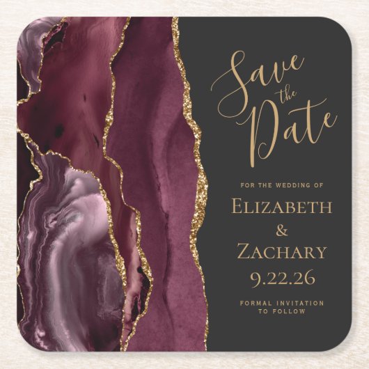 Agate Geode Burgundy Gold Dark Save the Date Rechteckiger Pappuntersetzer (Vorderseite)