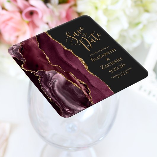 Agate Geode Burgundy Gold Dark Save the Date Rechteckiger Pappuntersetzer