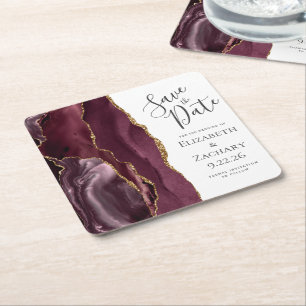 Agate Geode Burgundy Gold Save the Date Rechteckiger Pappuntersetzer