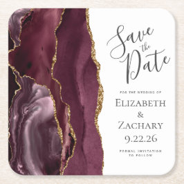 Agate Geode Burgundy Gold Save the Date Rechteckiger Pappuntersetzer