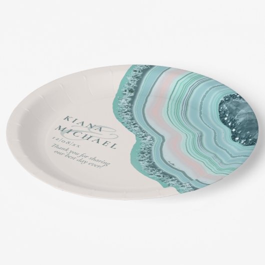 Agate Geode Glitzer Wedding Aquamarin ID647 Pappteller (Schrägansicht)