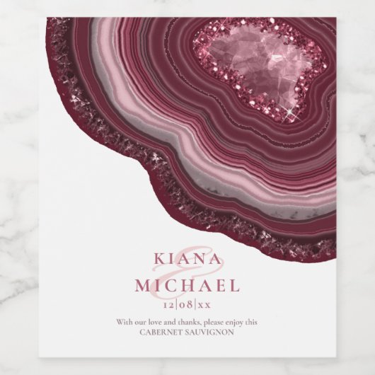 Agate Geode Glitzer Wedding Burgundy ID647 Weinetikett (Einzelnes Label)