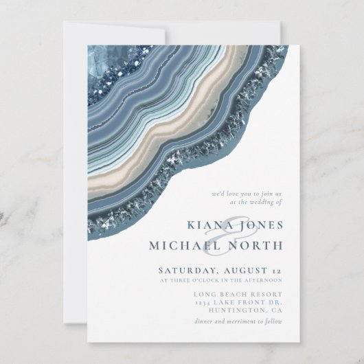 Agate Geode Glitzer Wedding Dusty Blue ID647 Einladung (Vorderseite)