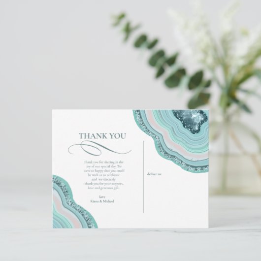 Agate Geode Glitzer Wedding Vielen Dank Aquamarin  Ankündigungspostkarte (Stehend Vorderseite)