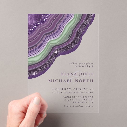 Agate Geode Glitzer Wedding Violet ID647 Acryleinladungen (Insitu (Handheld))
