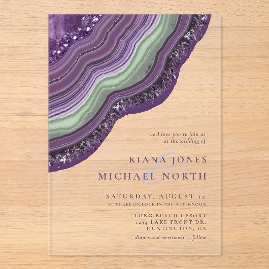 Agate Geode Glitzer Wedding Violet ID647 Acryleinladungen (Vorderseite)