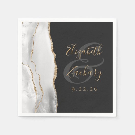 Agate Geode Gray White Gold Script Dark Wedding Serviette (Vorderseite)