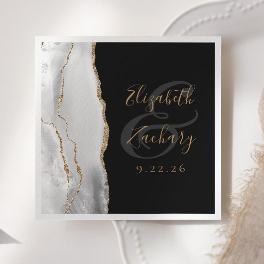 Agate Geode Gray White Gold Script Dark Wedding Serviette