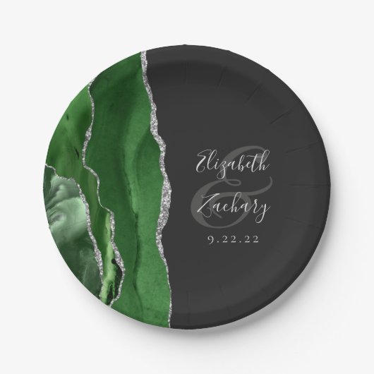 Agate Geode Hunter Green Silver Dark Wedding Pappteller (Vorderseite)