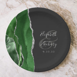 Agate Geode Hunter Green Silver Dark Wedding Pappteller