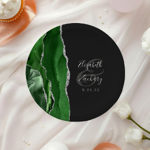 Agate Geode Hunter Green Silver Dark Wedding Pappteller
