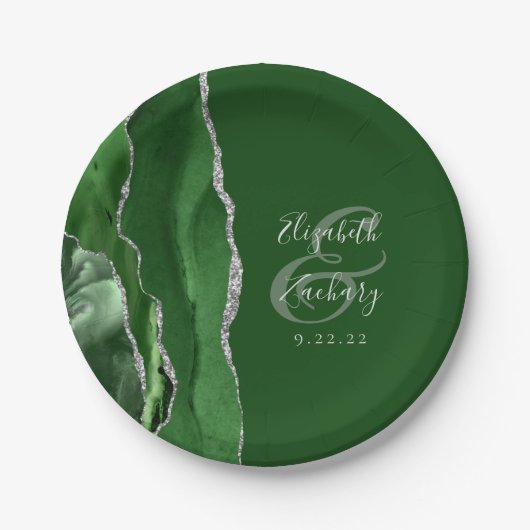 Agate Geode Hunter Green Silver Wedding Pappteller (Vorderseite)
