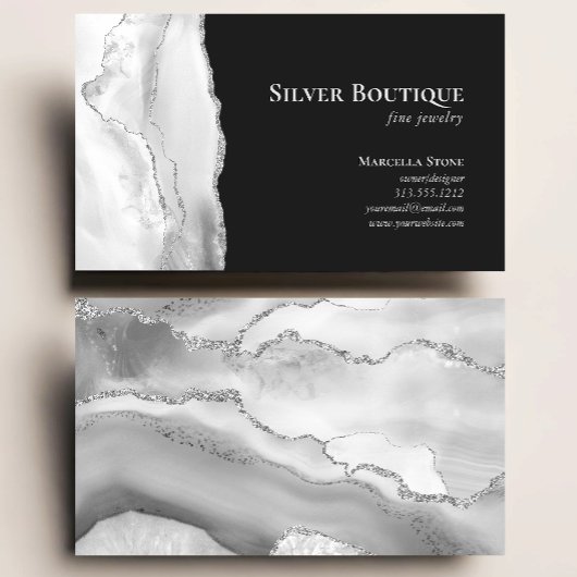 Agate Geode Jewelry Designer Gray White Silver Visitenkarte