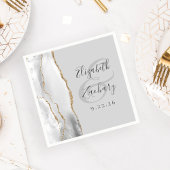 Agate Geode Light Gray White Gold Script Hochzeit Serviette