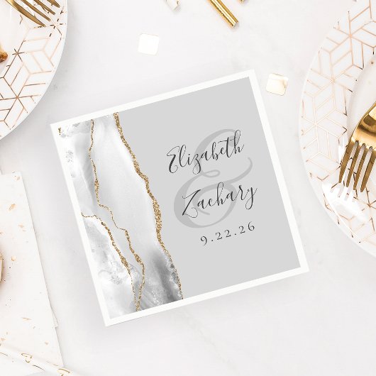 Agate Geode Light Gray White Gold Script Hochzeit Serviette