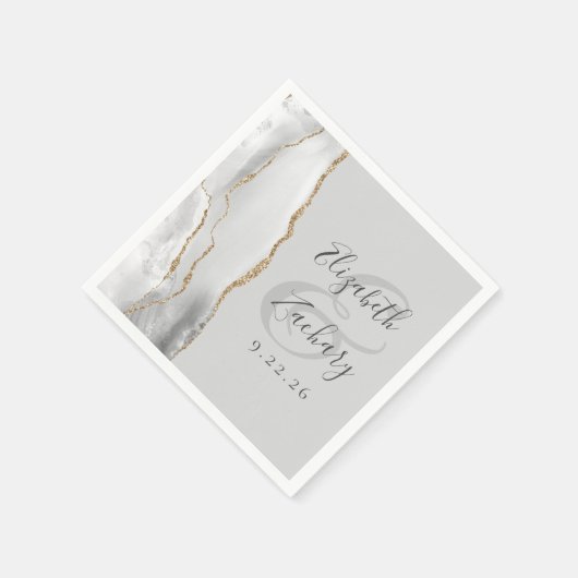 Agate Geode Light Gray White Gold Script Hochzeit Serviette (Ecke)