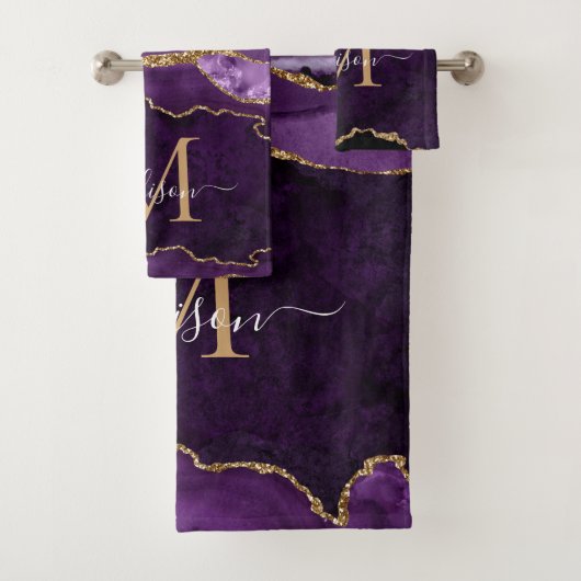 Agate Geode Lila Violet Gold Monogram Script Badhandtuch Set (Insitu)