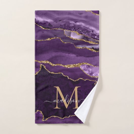 Agate Geode Lila Violet Gold Monogram Script Badhandtuch Set (Handtuch)