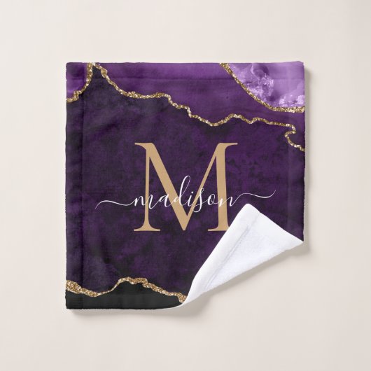 Agate Geode Lila Violet Gold Monogram Script Badhandtuch Set (Waschlappen)