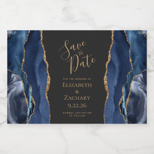 Agate Geode Navy Blue Gold Dark Save the Date Schaumweinetikett (Einzelnes Label)
