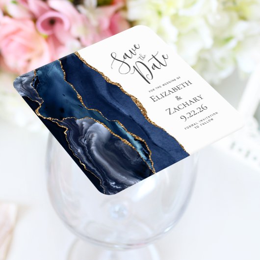 Agate Geode Navy Blue Gold Save the Date Rechteckiger Pappuntersetzer
