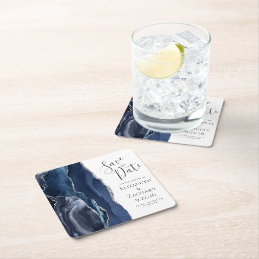 Agate Geode Navy Blue Silver Save the Date Rechteckiger Pappuntersetzer (Vor Ort)