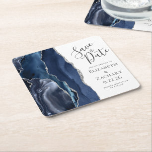 Agate Geode Navy Blue Silver Save the Date Rechteckiger Pappuntersetzer