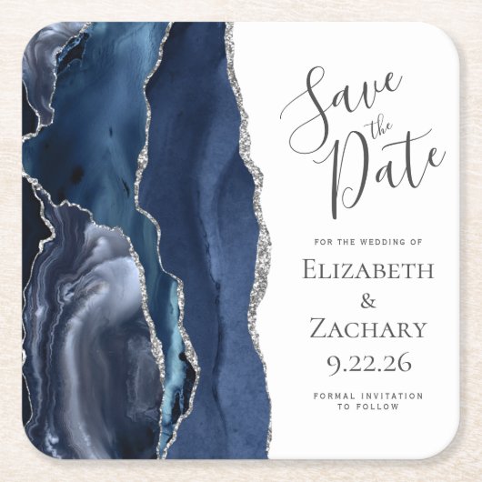 Agate Geode Navy Blue Silver Save the Date Rechteckiger Pappuntersetzer (Vorderseite)