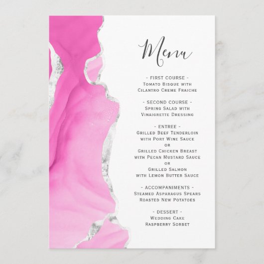Agate Geode Pink Silver Glitzer Wedding Menükarte (Vorderseite)