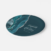 Agate Geode Schrift Dunkles Teal Silber Hochzeit Pappteller (Schrägansicht)
