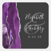 Agate Geode Schrift Lila Silber Dunkle Hochzeit Quadratischer Aufkleber (Vorderseite)