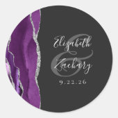 Agate Geode Schrift Lila Silber Dunkle Hochzeit Runder Aufkleber (Vorderseite)