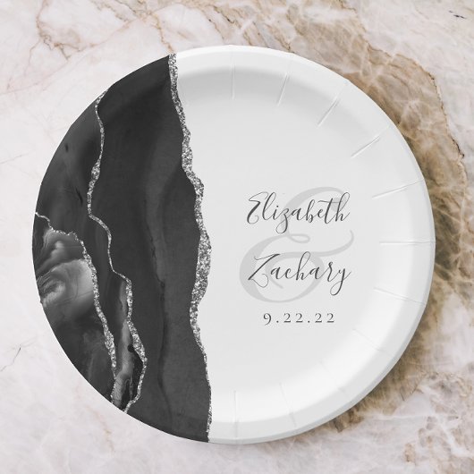 Agate Geode Schrift Schwarz Silber Hochzeit Pappteller