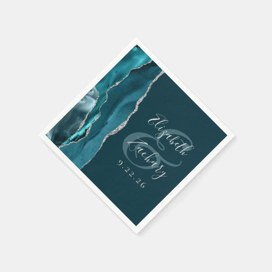 Agate Geode Script Aquamarin Blue Silver Wedding Serviette (Ecke)