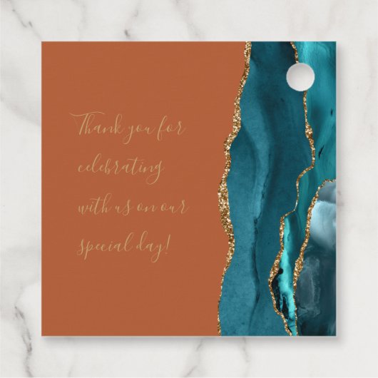 Agate Geode Script Aquamarin Gold Burnt Orange Wed Geschenkanhänger (Rückseite)