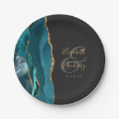 Agate Geode Script Aquamarin Gold Dark Wedding Pappteller (Vorderseite)