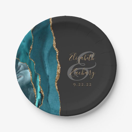 Agate Geode Script Aquamarin Gold Dark Wedding Pappteller (Vorderseite)