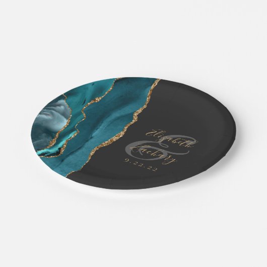 Agate Geode Script Aquamarin Gold Dark Wedding Pappteller (Schrägansicht)