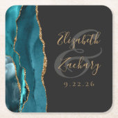 Agate Geode Script Aquamarin Gold Dark Wedding Rechteckiger Pappuntersetzer (Vorderseite)